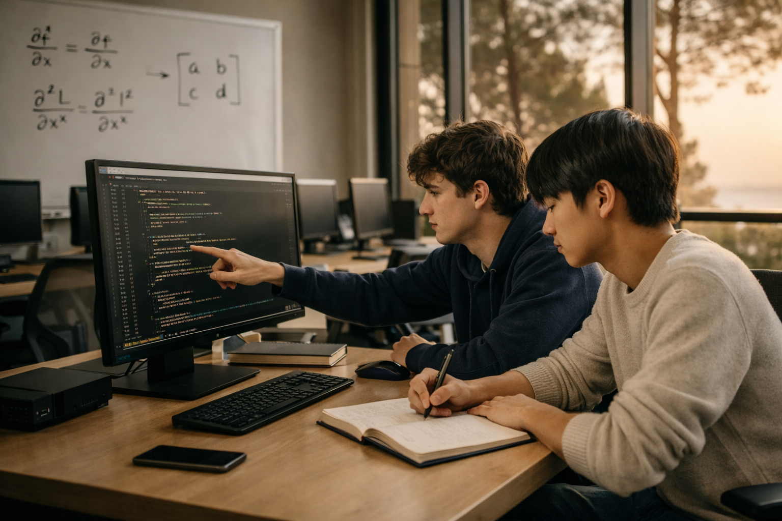 Students collaborating in a small computer science lab