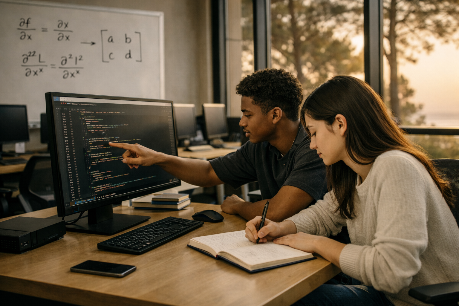 Teacher explaining advanced mathematics at a whiteboard in a small classroom