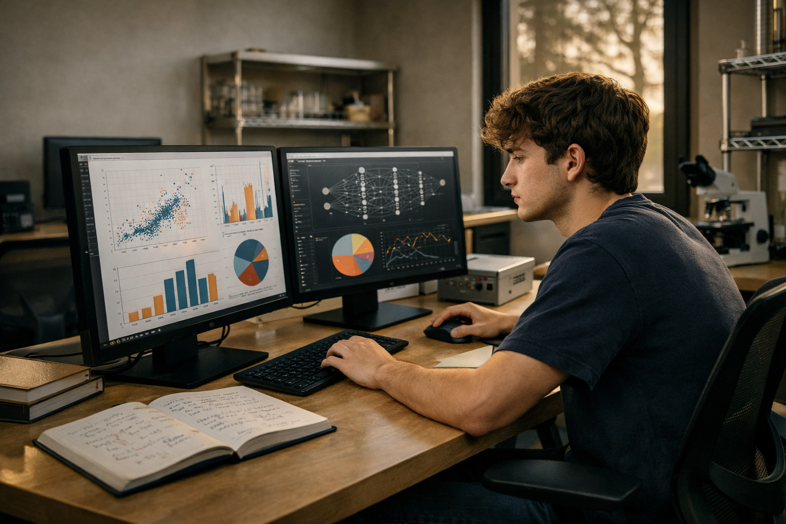 Student conducting independent research at a workstation with data visualizations